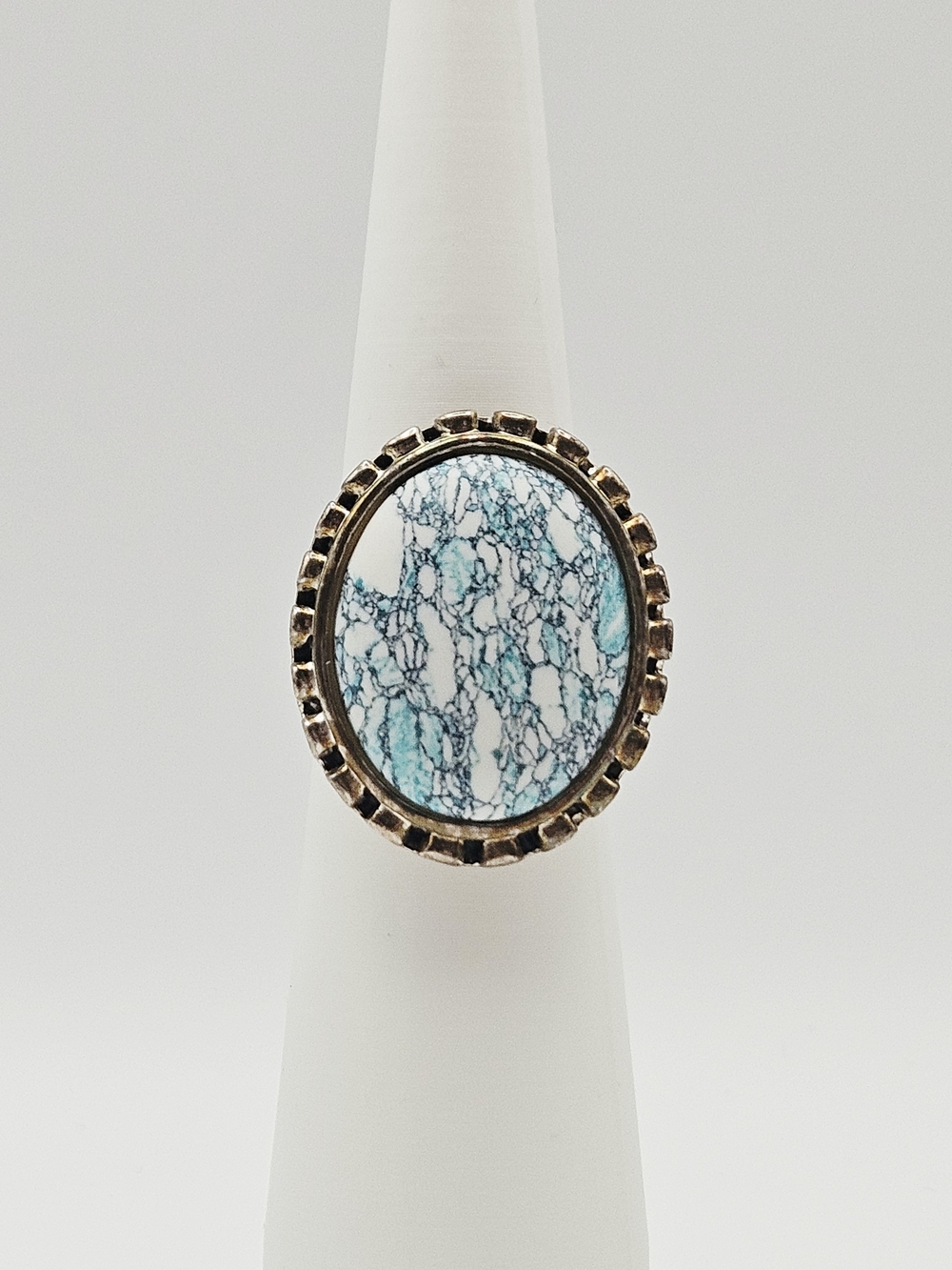 Oval Blue And White Matrix Stone Silver-plated Ring